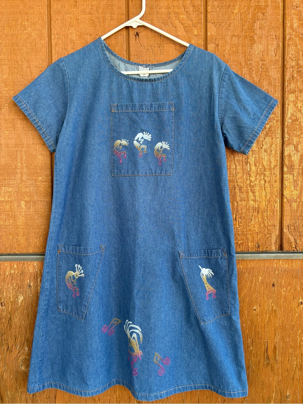 Vintage Short Sleeve Denim Shift Dress Sz Small Oversized Kokopelli 90’s Pockets